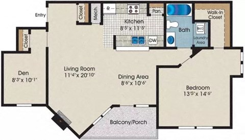 Floor plan for 1 bed, 1 bath, 860 sqft